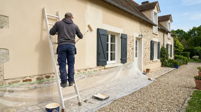 Application de peinture Seigneurie sur une façade par un peintre